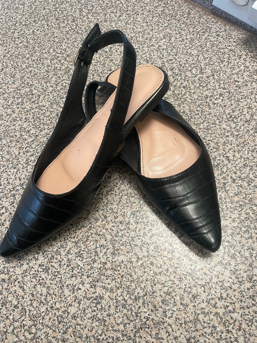 Black Croc-Embossed Pointed Slingback Flats by ADANNV UK